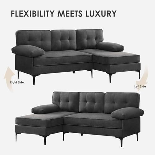 Snowflake Velvet Reversible Chaise Sectional Sofas, Dark Grey, 82" L Shaped Set