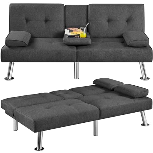 Yaheetech Light Gray Reversible Couch Bed with Removable Arms & Cup Holders
