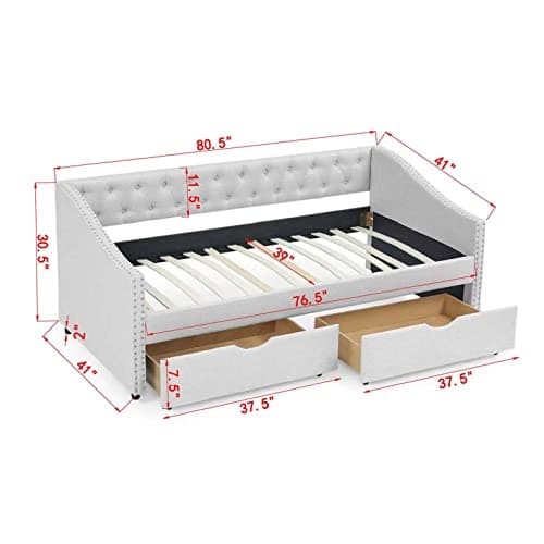 Beige Wood Twin Daybed with Storage & Button Design for Bedroom
