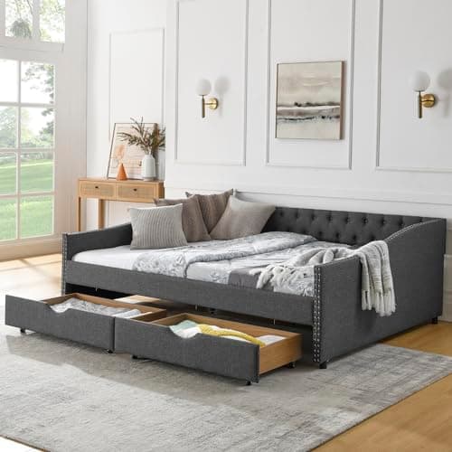 Beige Wood Twin Daybed with Storage & Button Design for Bedroom