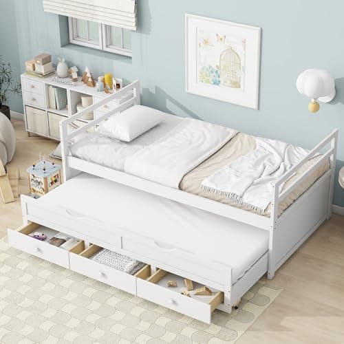 Twin Daybed with Headboard & Footboard, Storage Drawers, Pull-Out Trundle, White