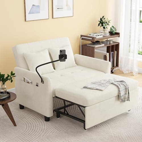 3-in-1 Convertible Sleeper Sofa Bed, Grey Velvet Love Seat with Pillow and Phone Holder