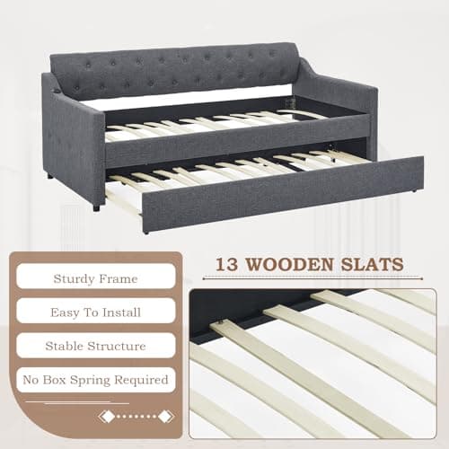 Dark Grey Linen Tufted Extendable Day Bed with Trundle & USB Ports