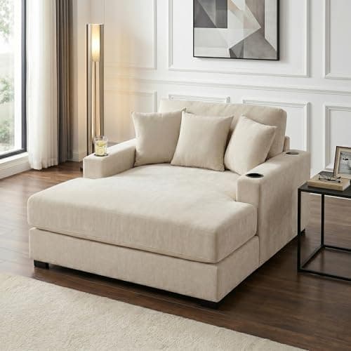 Modern 55" Oversized Chaise Lounger, Luxurious Chenille Fabric Single Sofa Chair with Pillows, Charge Station & Cup Holders for Living Room Apartment Offices (Blue Gray-55'')