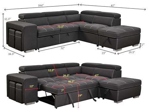 THSUPER Charcoal Grey Microfiber L-Shaped Sleeper Sofa with Pull-Out Bed & Storage Ottoman