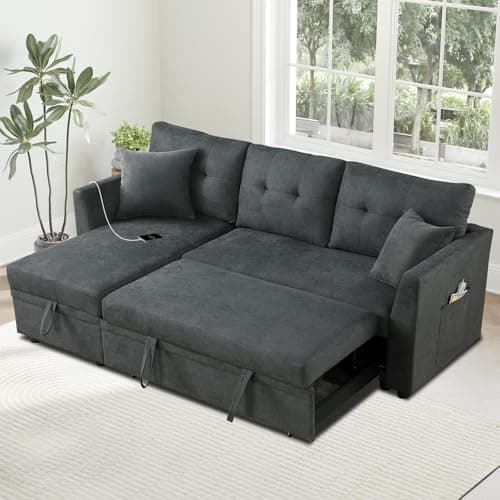 Ink Blue L-Shape Sofa with Storage & Pull-Out Bed USB Ports