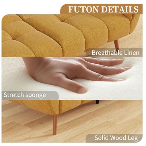 Modern Yellow Linen Futon Sofa Bed with Adjustable Backrests