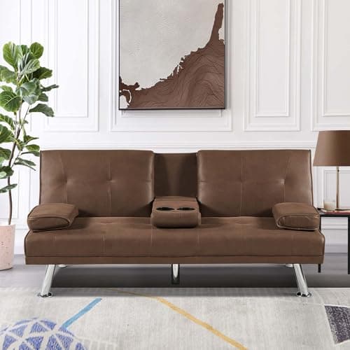 Modern Futon Sofa Bed with Adjustable Positions and Cup Holder - White
