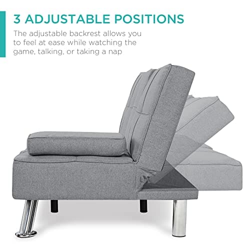 Best Choice Products Gray Linen Modern Folding Futon Reclining Sofa Bed for Apartment/Dorm