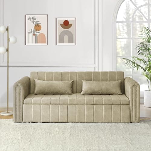 Antetek 82 Velvet Sleeper Sofa - Modern 3-Seat Couch with Pullout Bed & Pillows, Beige