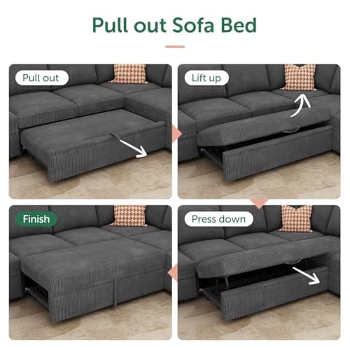 HONBAY Dark Grey Corduroy Modular Sectional Sleeper Sofa Bed