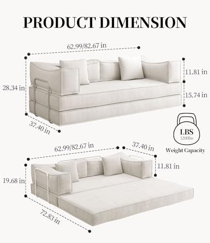 Modern 82.67" Fold-Out Sofa Bed, King Size, White Corduroy Fabric