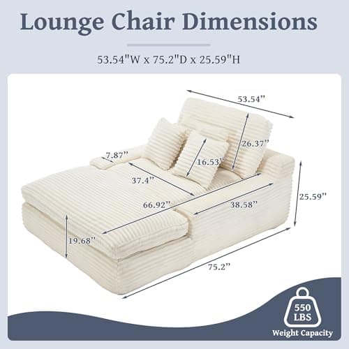 Beige Oversized Chaise Lounge Chair 75" Corduroy Comfy Sleeper Sofa Couch