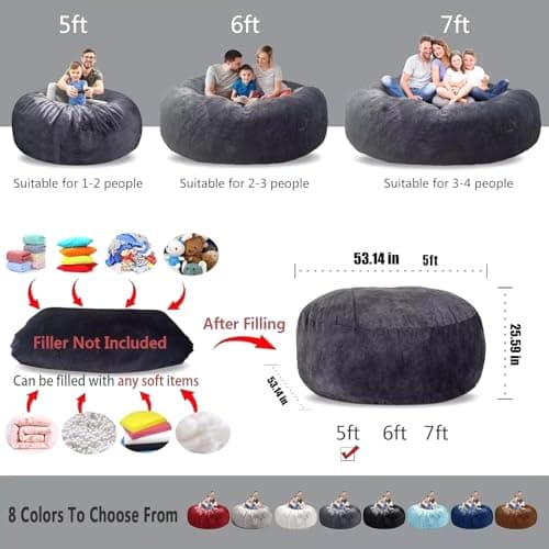 Oversize Light Grey Bean Bag Chair for Adults Kids, Round & Comfortable