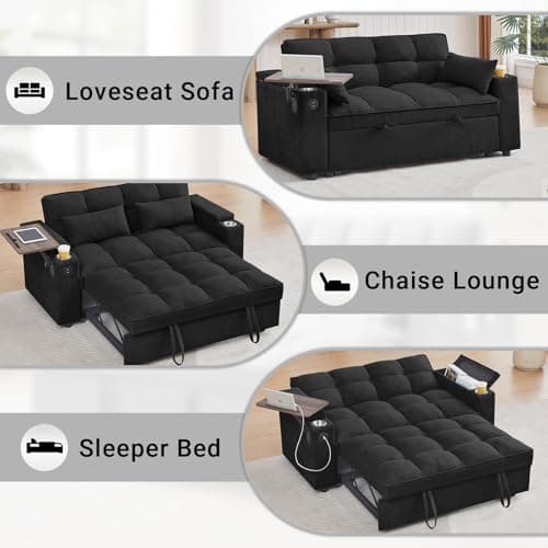 3-in-1 Sleeper Sofa Bed with Chaise Lounge,Adjustable Backrest & Side Table,Black