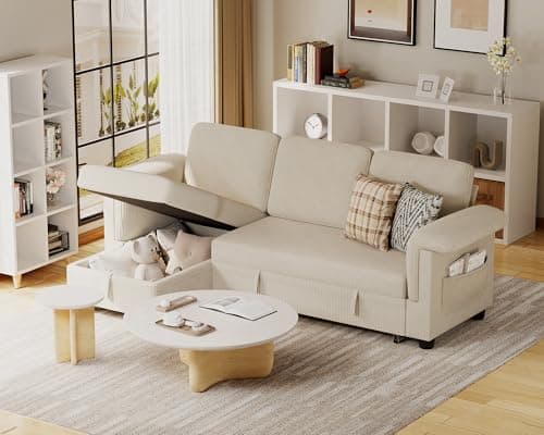 JUMMICO Grey Linen L-Shaped Sleeper Sofa with Storage