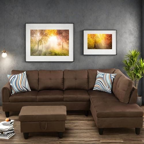L-Shaped Couch with Chaise, 6 Seat Modern Living Room Sectional in Black/Grey with Storage