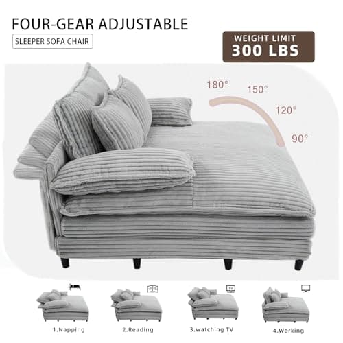 55” Grey Corduroy Comfort Chaise Lounge with 3 Throw Pillows (4-Position Adjust)