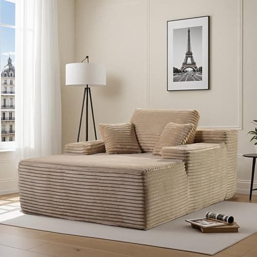 Beige Plush 48" Oversized Chaise Lounge Chair Bed with Throw Pillows