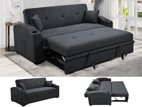 75" Queen Size Convertible Futon Couch with Pull Out Bed and Cup Holders, Blue