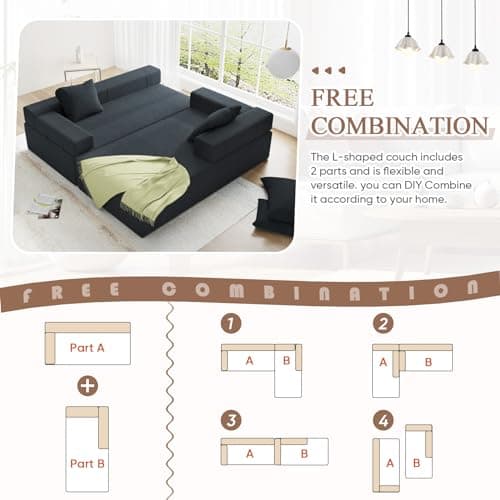 Modern Black L Shaped Sectional Sofa with 6 Pillows and Free Combination Sets