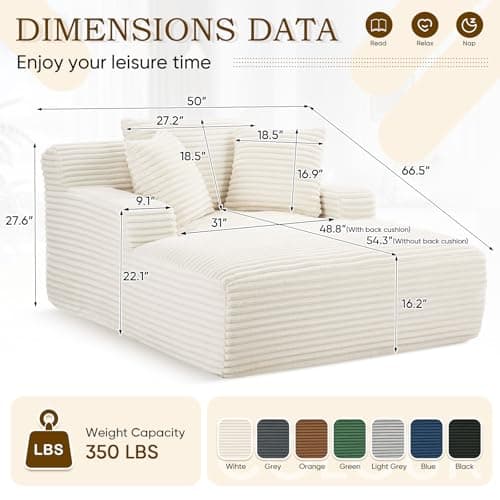 Oversized Chaise Lounge Chair, 50"W Corduroy Couch, Comfy Pillows, Modern Livingroom/Bedroom, White
