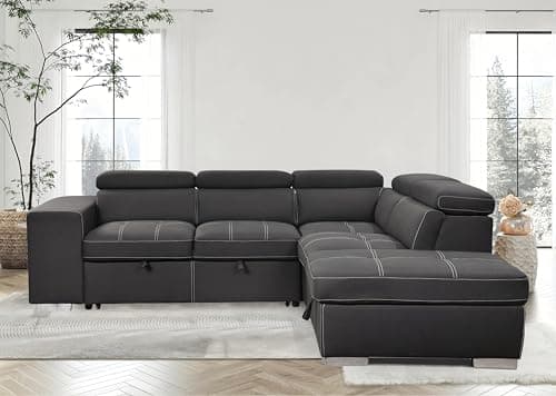 THSUPER Charcoal Grey Microfiber L-Shaped Sleeper Sofa with Pull-Out Bed & Storage Ottoman