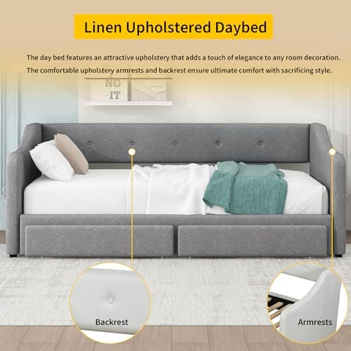 Gray Extendable Linen Daybed with Drawers and Pop-up Guest Bed