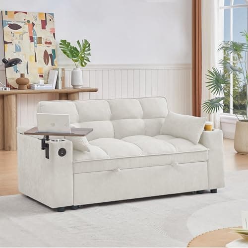360 Degree Swivel 65'' 3-in-1 Convertible Queen Sofa with Pullout Bed (White)