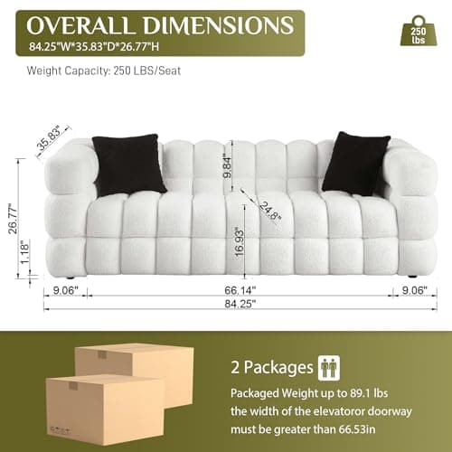 Sherpa Upholstered 3-Seater Cloud Couch with Pillows for Living Room - White