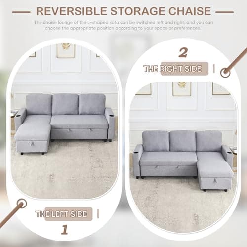 Antetek Reversible L-Shaped Sofa Bed with Storage and Pull-Out Bed for Small Spaces, Light Grey