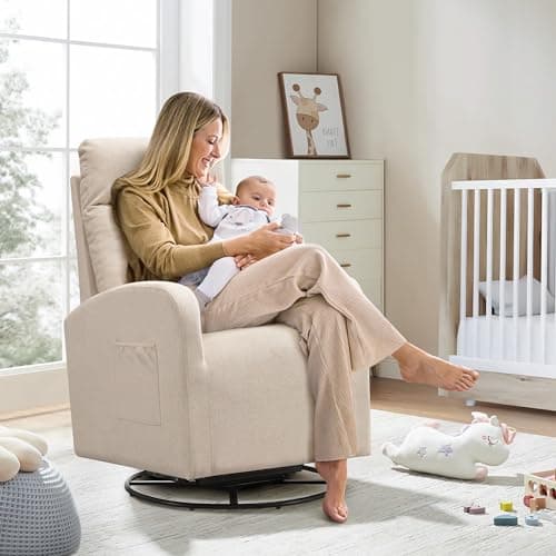 360° Swivel Glider Chair, Modern Ergonomic Boucle Upholstered Rocker with Side Pocket, Cream White
