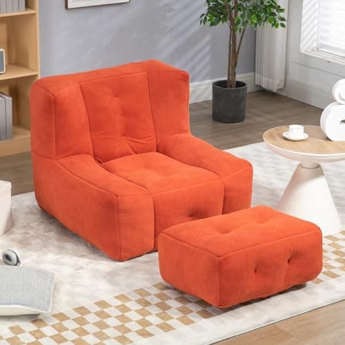 Modern Bean Bag Chair with Ottoman, Comfy Sofa Chair with High Pressure Foam - Beige