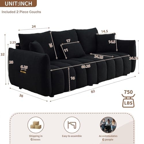 Antetek Oversized Deep Seat Teddy Sofa Set, 2 Pieces Black (82-inch)