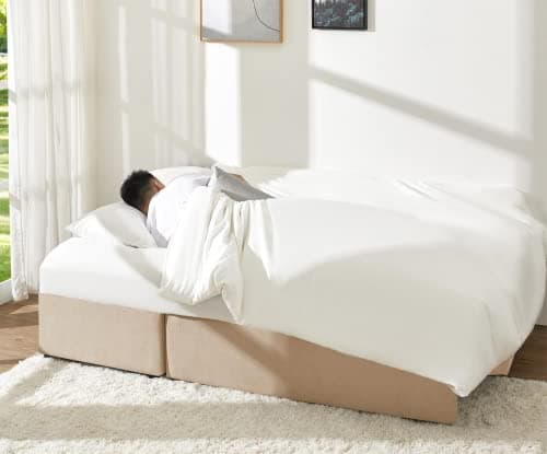 VanAcc Beige Chenille Sleeper Sofa with Storage Chaise