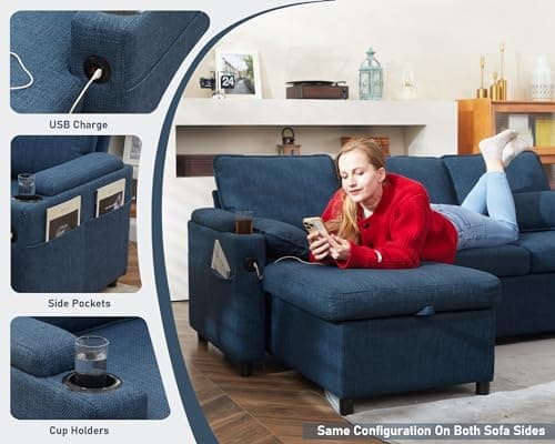 Blue Sectional Sleeper Sofa Bed with Storage, USB, and Cup Holders for Apartment Living Room