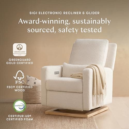 Babyletto Sigi Electronic Recliner and Glider in Ivory Boucle with Light Wood Base