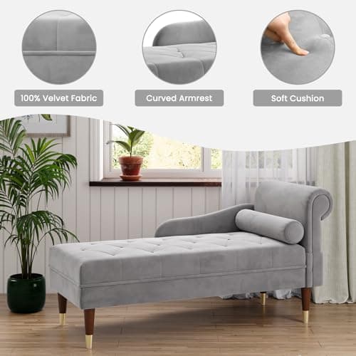 Vesgantti 59" Velvet Chaise Lounge, Right Armrest, Lumbar Pillow, Light Gray