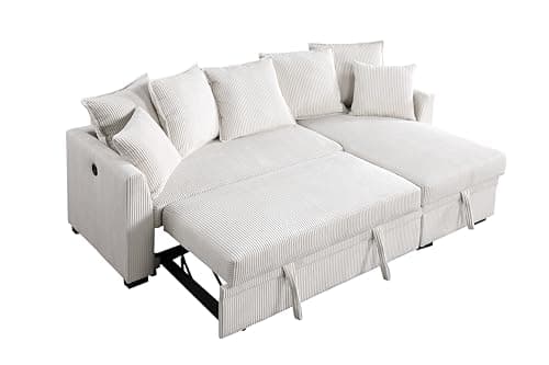 Eafurn Reversible Corduroy L-Shaped Sleeper Sectional With Chaise, USB Ports, Living Room Sofa Bed
