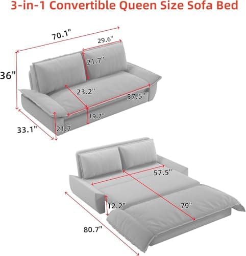 70.1" Queen Velvet Pullout Sofa Bed, 3-in-1 Sleeper Couch (Black)