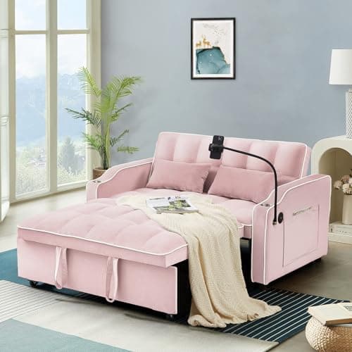 Modern 3-in-1 Sleeper Sofa with USB & Type C Ports, Adjustable Backrest, and Phone/Cup Holder for Living Room or Apartment, Blue Velvet