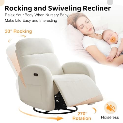Cream White Power Recliner Glider with USB Ports & Double Pockets