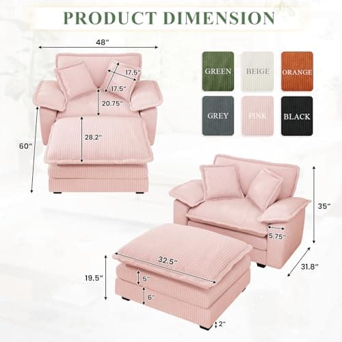 48-inch Modern Pink Chaise Lounge Sofa with Ottoman & Pillows
