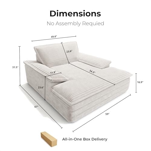 LIKIMIO Oversized Chaise Lounge Chair Sofa Bed - Plush Corduroy Upholstered Reading Chair, Cloud Couch for Living Room (Beige)