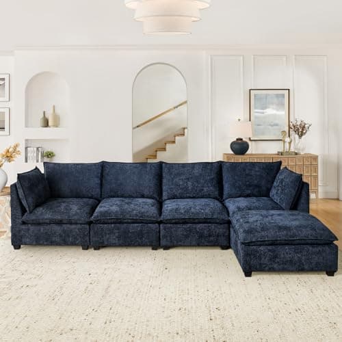 Oversized Chesterfield U-Shaped Couch with Ottomans & Chaise, 6 Seat, Blue Linen Fabric