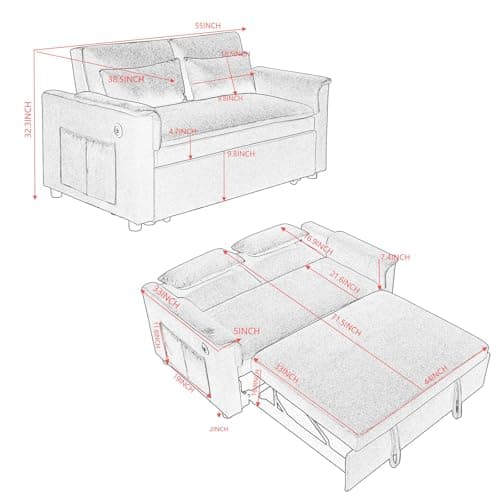 Antetek Grey Comfy Velvet Convertible Sleeper Sofa Bed with Adjustable Backrest