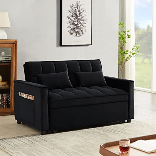 Antetek 3-in-1 Velvet Sleeper Sofa Bed, Black, 54"