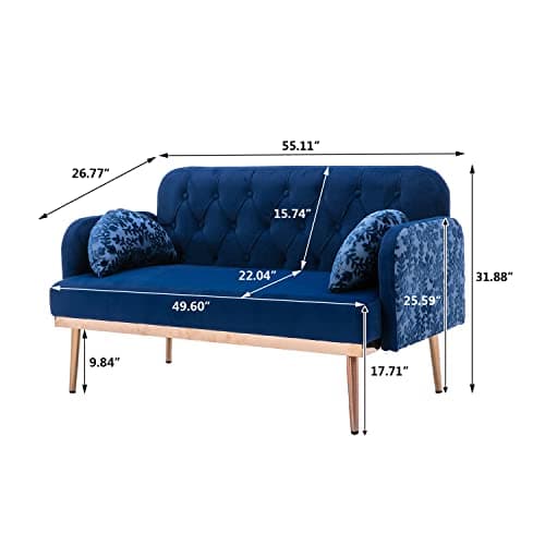 Elegant 55-inch Velvet Sofa with Moon Pillows, Navy Blue, 600 lbs Capacity