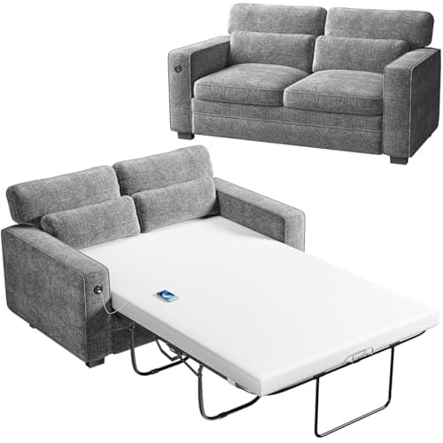 Marsail Full Size Pull Out Sofa Bed with Memory Foam, 2 USB, Grey Chenille Fabric