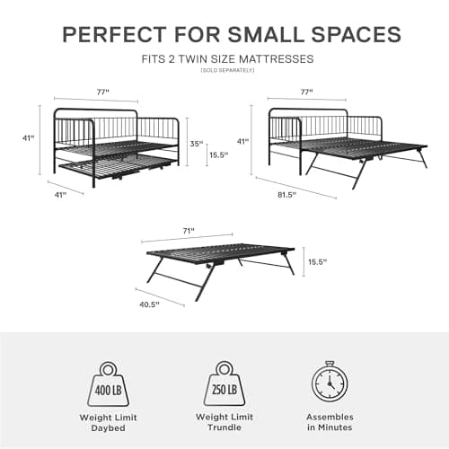 DHP Black Metal Daybed with Pop Up Twin Trundle Bed